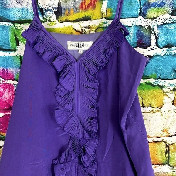 Tibi Purple 100% Silk V-Neck Ruffle Spaghetti Strap Dress 10 - Picture 5 of 11
